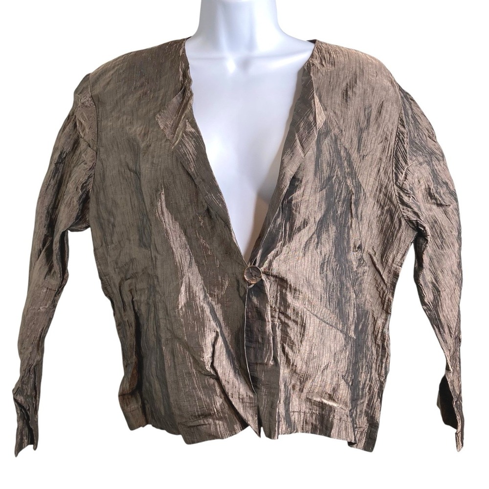 SUSAN KIRSCHNER Womens Metallic Bronze Crinkle Blazer M Lagenlook Shimmer Light